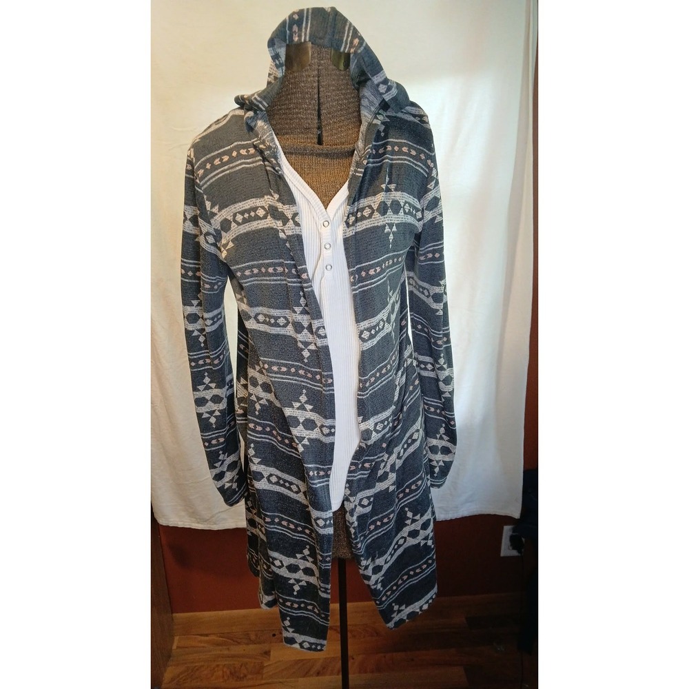 Maurices Womens Large Grey Geometric Southwestern Hooded Open Front Cardigan